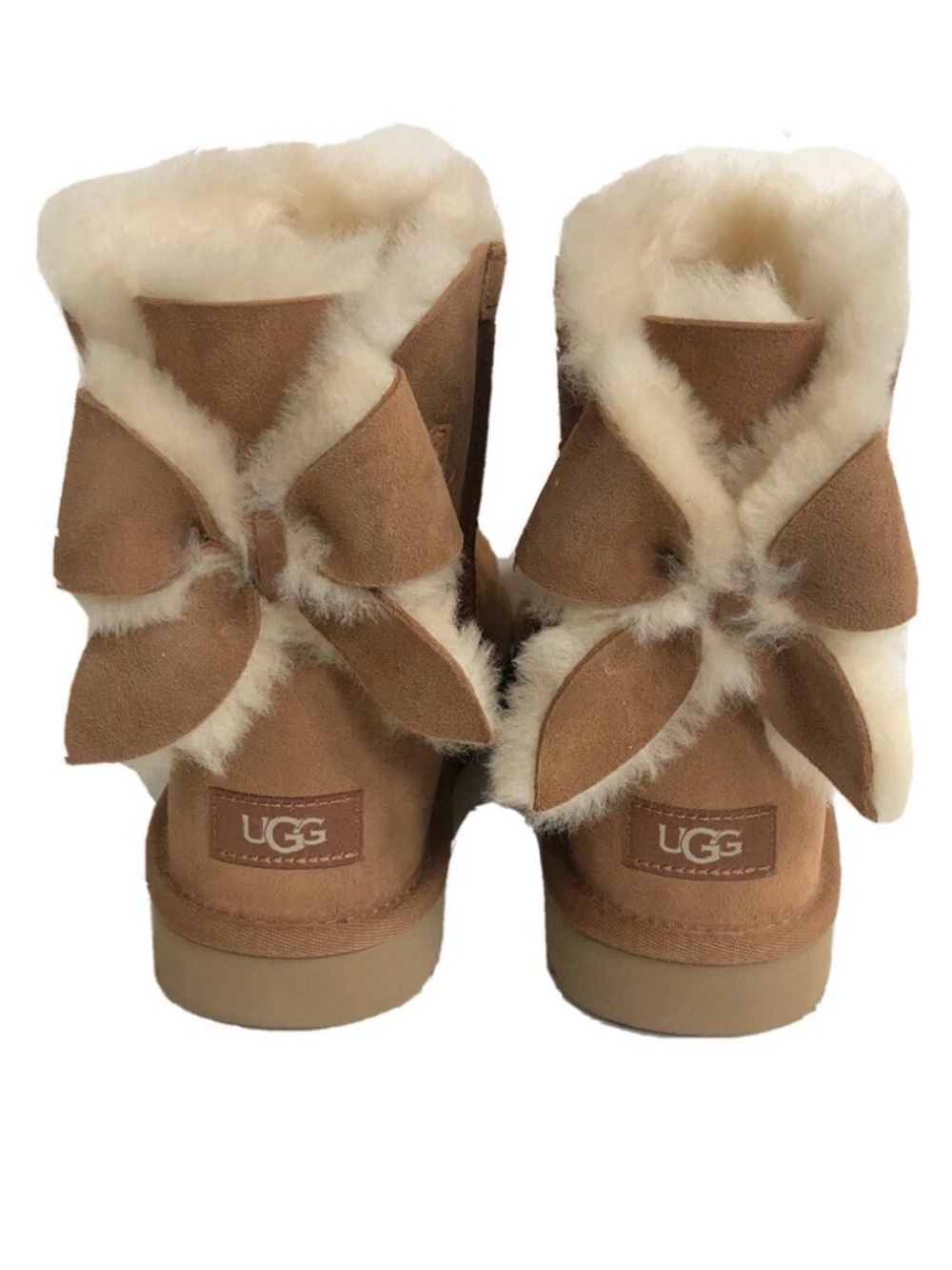 UGG Chestnut Suede Mini Boots with Shearling Bow Detail - Chestnut